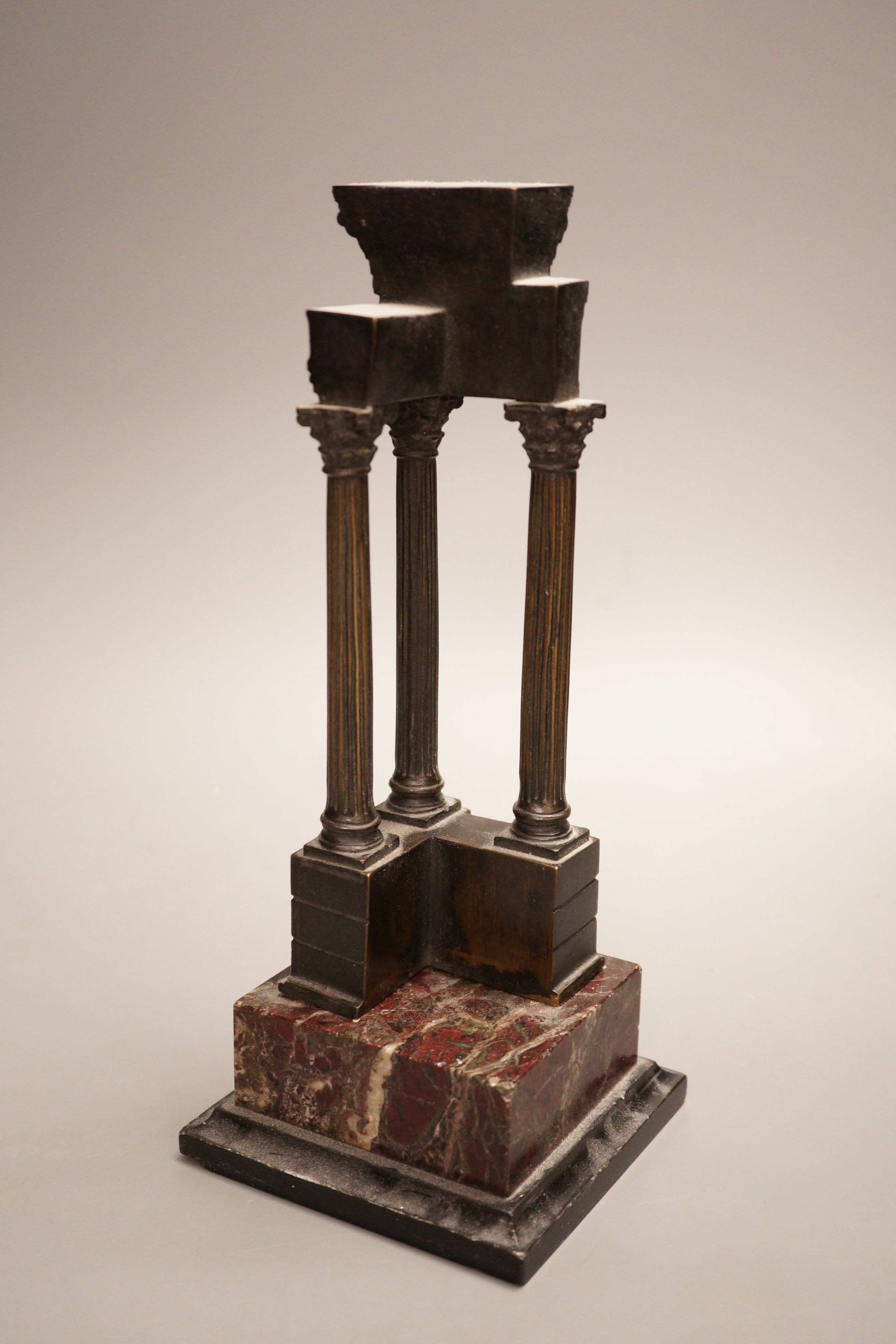 A late 19th century Grand Tour style bronze, temple ruins ‘Estitver’ on marble base, total height 26cm